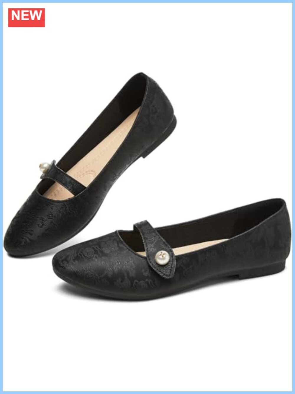 Mary Jane Flats Faux Leather Floral Print Pearl Slip-On
